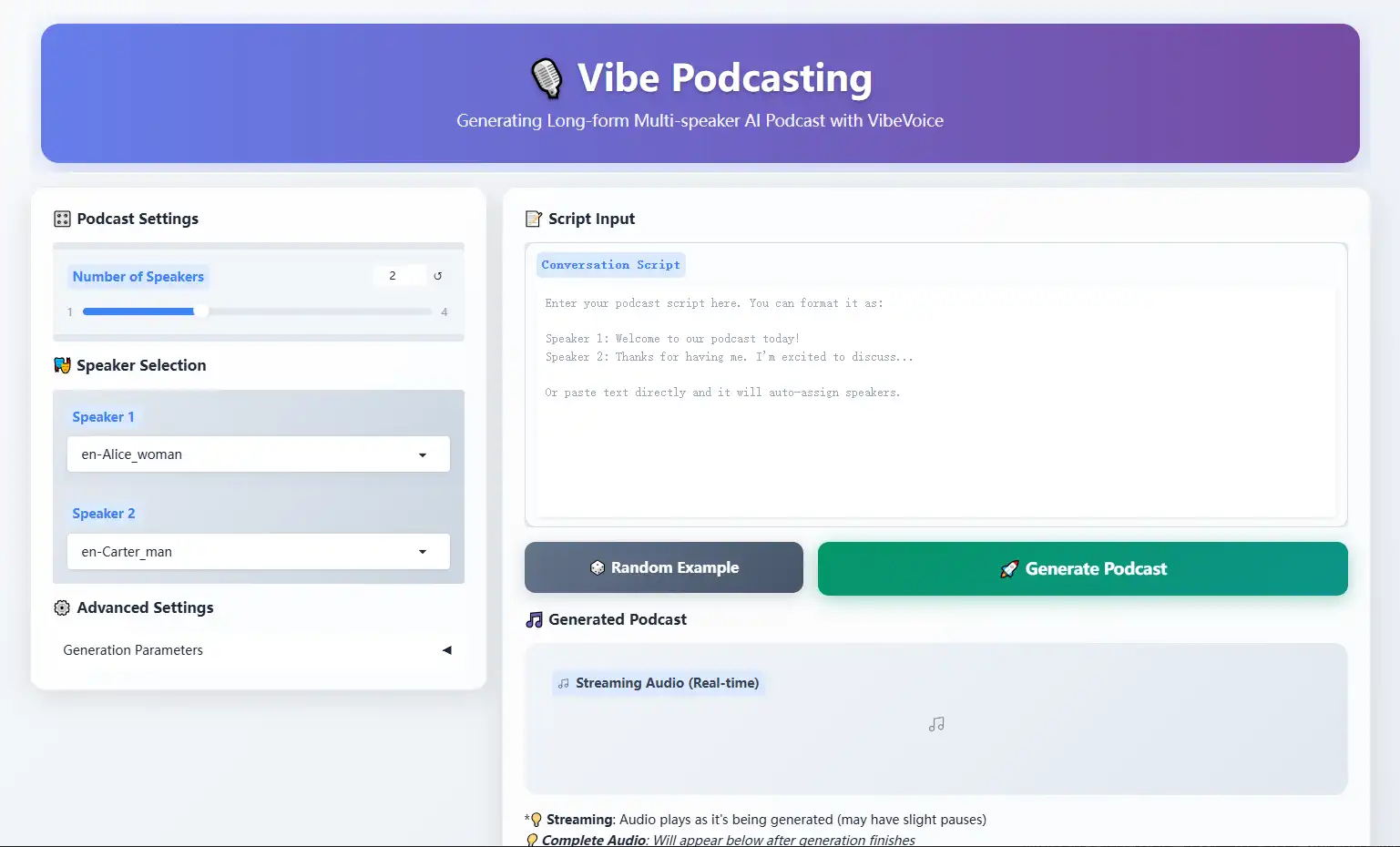VibeVoice - 微软开源的语音合成工具，支持合成最长 90 分钟、4 位说话人的自然对话音频。